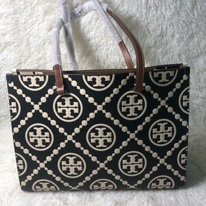 Tory Burch T Monogram Contrast Embossed Tote. Color Black/White